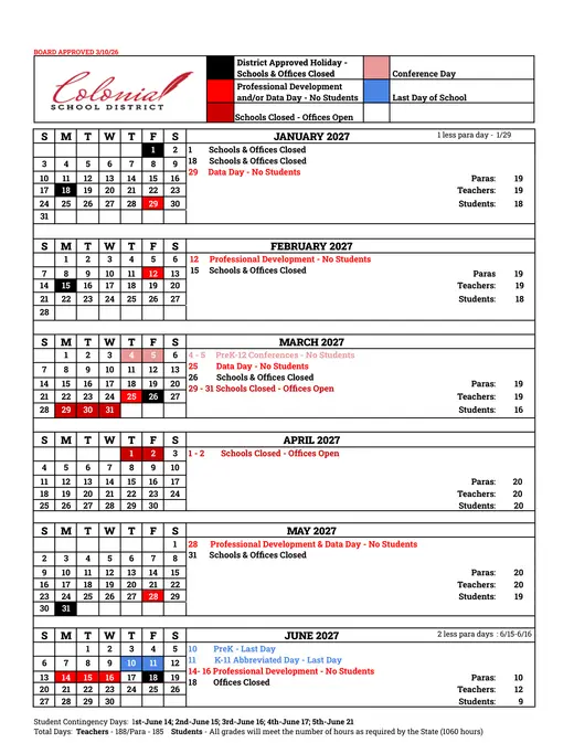 Colonial School District 2026–2027 Academic Calendar Page 2