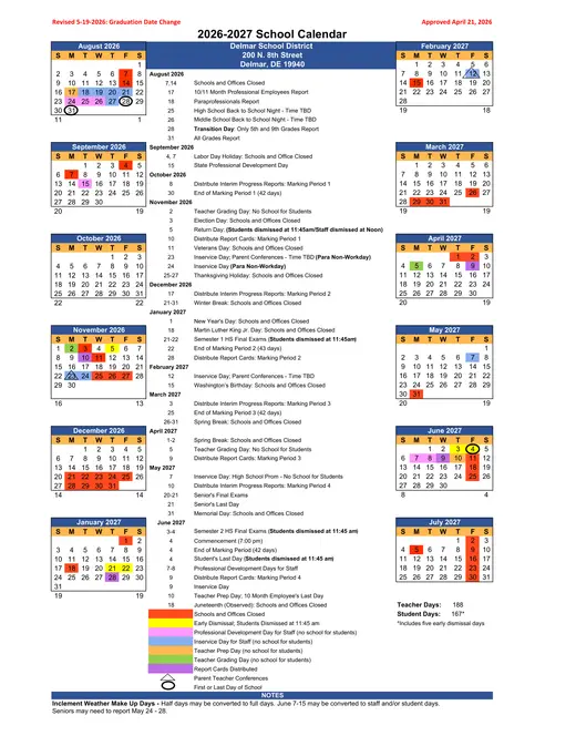 Delmar School District 2026–2027 Academic Calendar Page 1