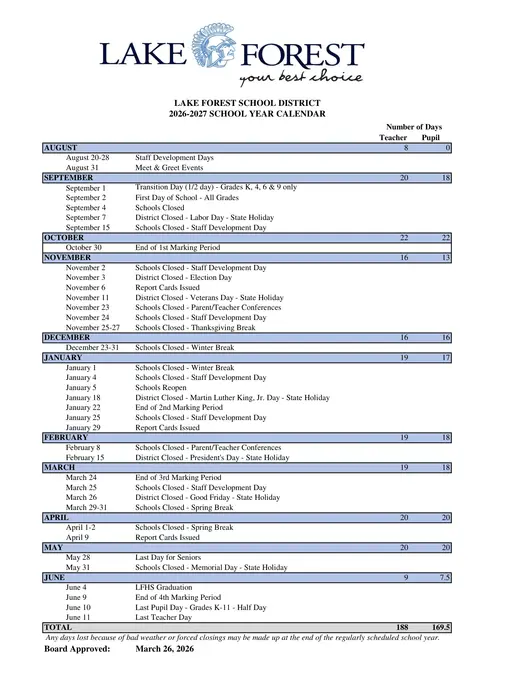 Lake Forest School District 2026–2027 Academic Calendar