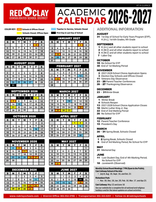 Red Clay Consolidated School District 2026–2027 Academic Calendar Page 1