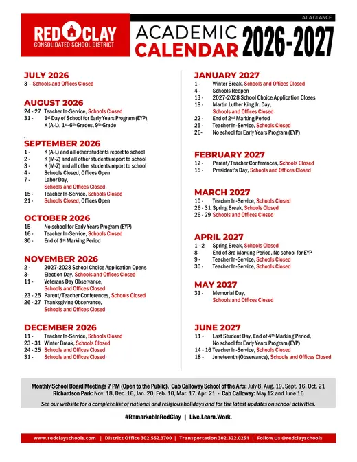 Red Clay Consolidated School District 2026–2027 Academic Calendar Page 2