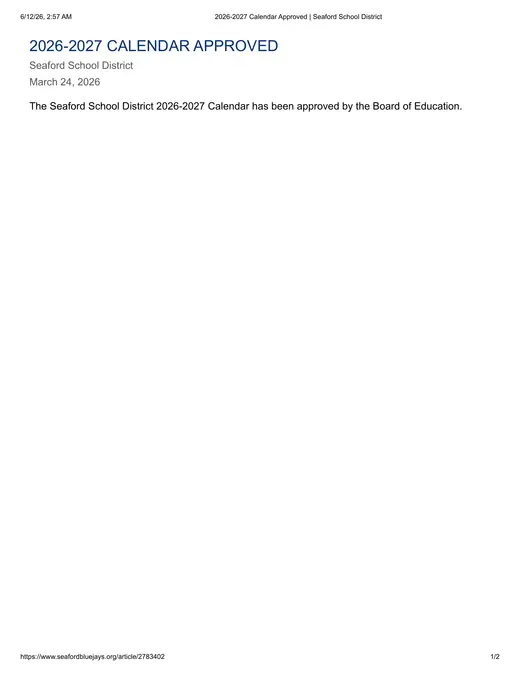 Seaford School District 2026–2027 Academic Calendar Page 1