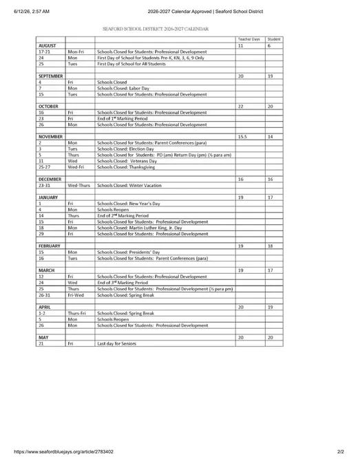 Seaford School District 2026–2027 Academic Calendar Page 2