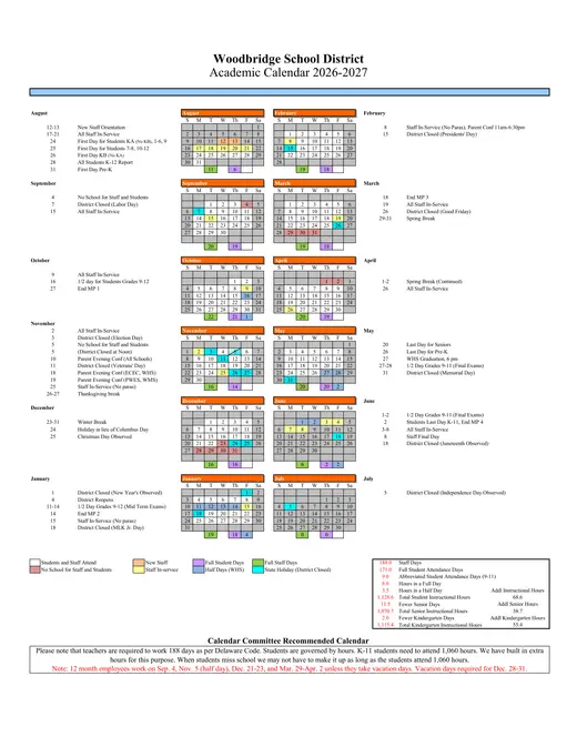 Woodbridge School District 2026–2027 Academic Calendar Page 1
