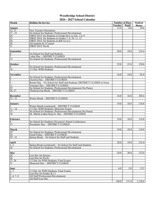 Woodbridge School District 2026–2027 Academic Calendar Page 2
