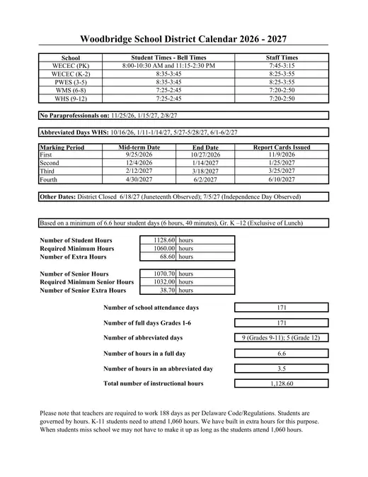 Woodbridge School District 2026–2027 Academic Calendar Page 3