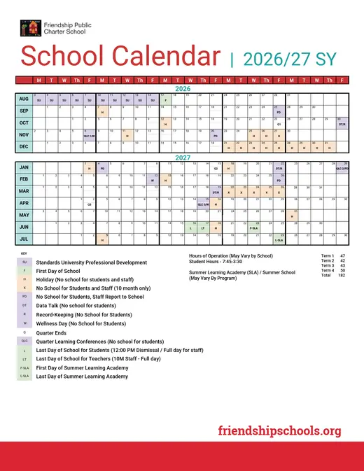 Friendship Public Charter School 2026–2027 Academic Calendar Page 1