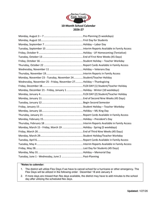 Alachua County Public Schools 2026–2027 Academic Calendar