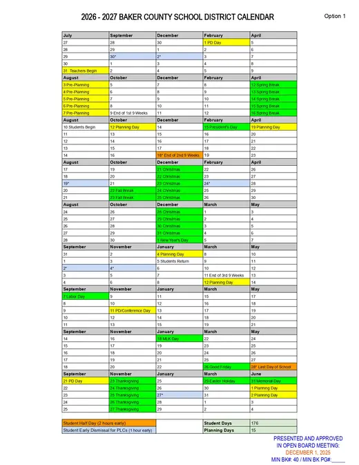 Baker County School District 2026–2027 Academic Calendar