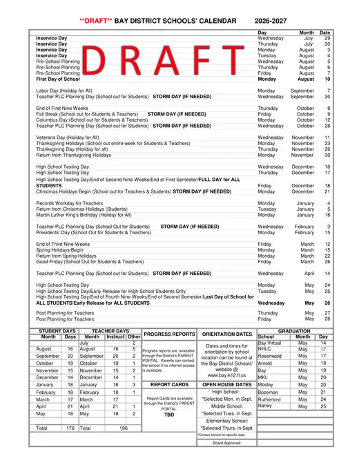Bay District Schools 2026–2027 Academic Calendar Page 2