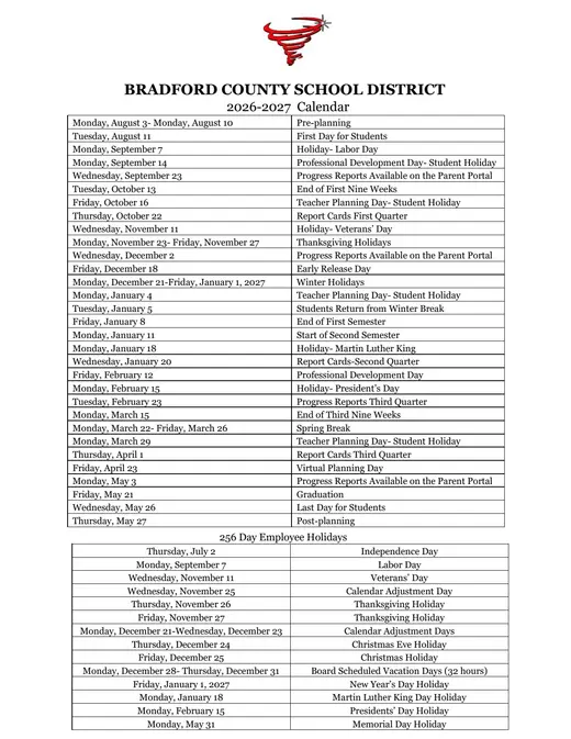Bradford County School District 2026–2027 Academic Calendar
