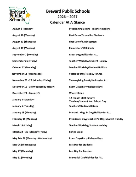 Brevard Public Schools 2026–2027 Academic Calendar
