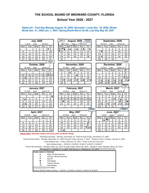 Broward County Public Schools 2026–2027 Academic Calendar Page 1