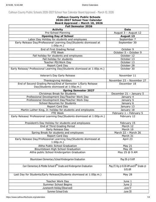 Calhoun County Public Schools 2026–2027 Academic Calendar Page 1