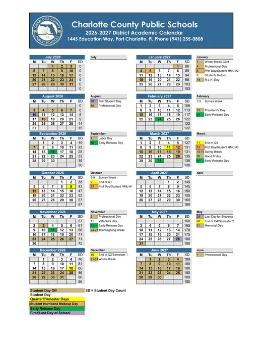 Charlotte County Public Schools 2026–2027 Academic Calendar Page 2