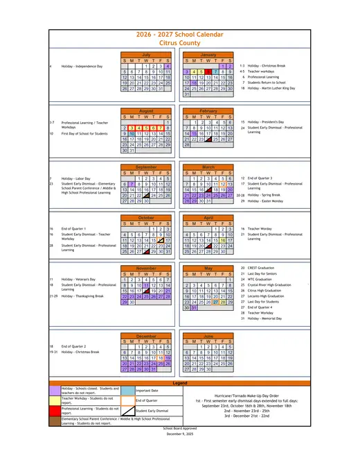Citrus County Schools 2026–2027 Academic Calendar Page 1