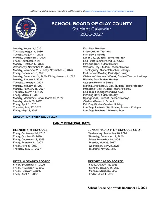 Clay County School District 2026–2027 Academic Calendar Page 1