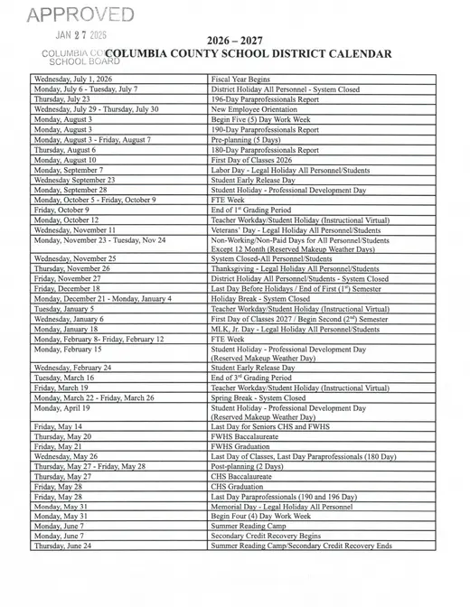 Columbia County School District 2026–2027 Academic Calendar