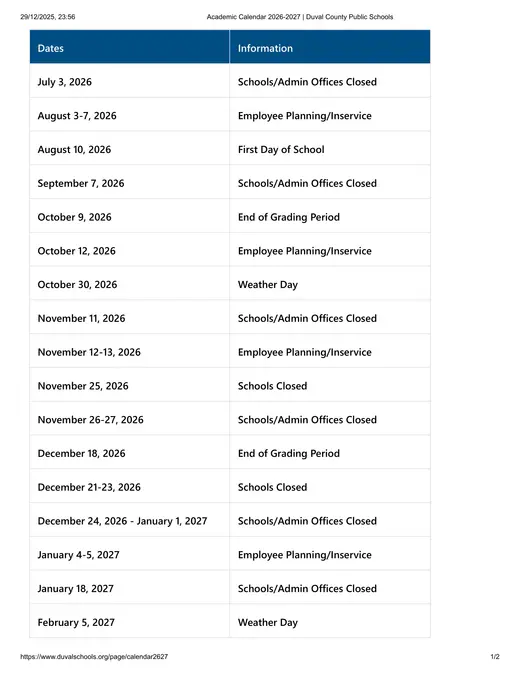 Duval County Public Schools 2026–2027 Academic Calendar Page 1