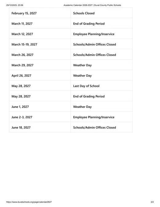 Duval County Public Schools 2026–2027 Academic Calendar Page 2