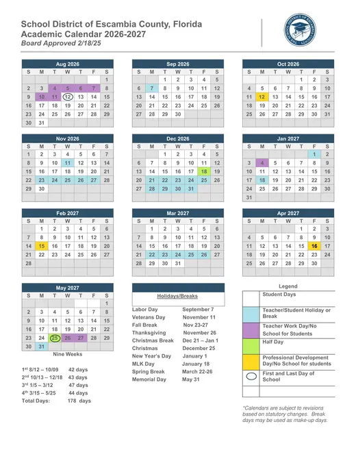 Escambia County School District 2026–2027 Academic Calendar Page 1