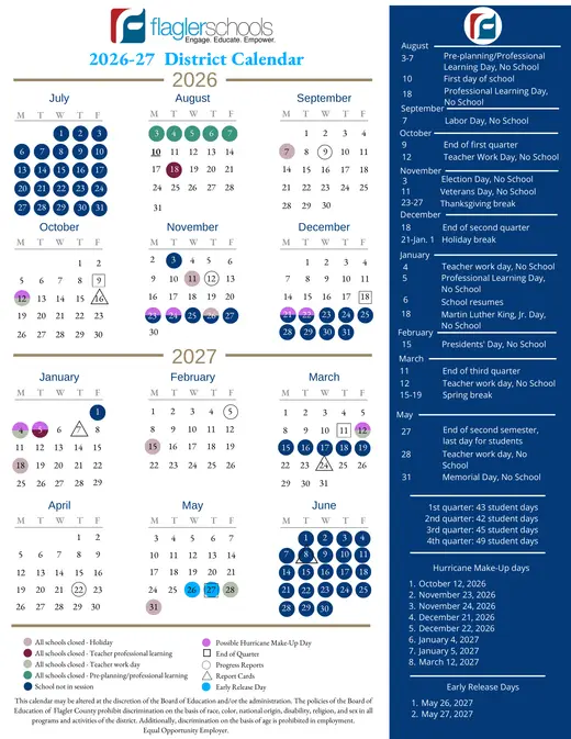 Flagler County Schools 2026–2027 Academic Calendar Page 2