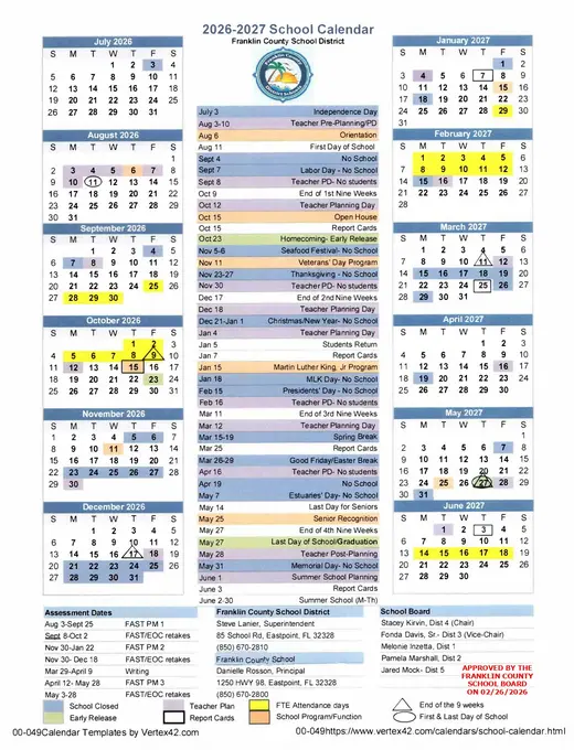 Franklin County School District 2026–2027 Academic Calendar