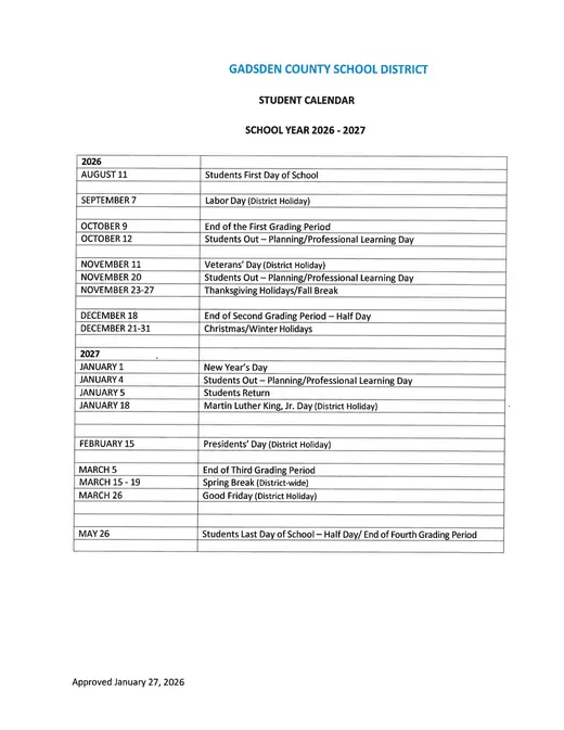Gadsden County School District 2026–2027 Academic Calendar Page 1