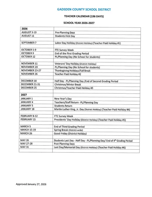 Gadsden County School District 2026–2027 Academic Calendar Page 2