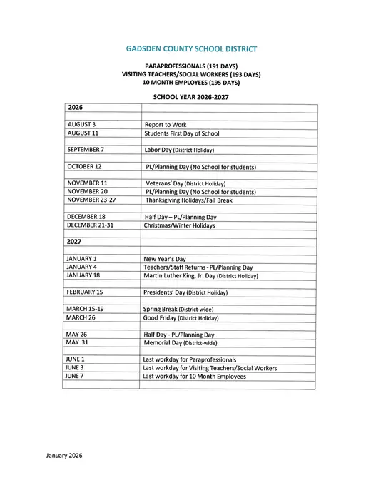 Gadsden County School District 2026–2027 Academic Calendar Page 3