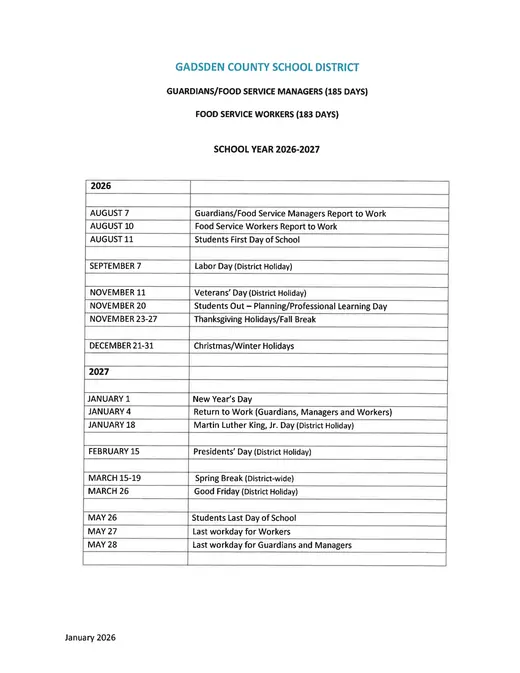 Gadsden County School District 2026–2027 Academic Calendar Page 4
