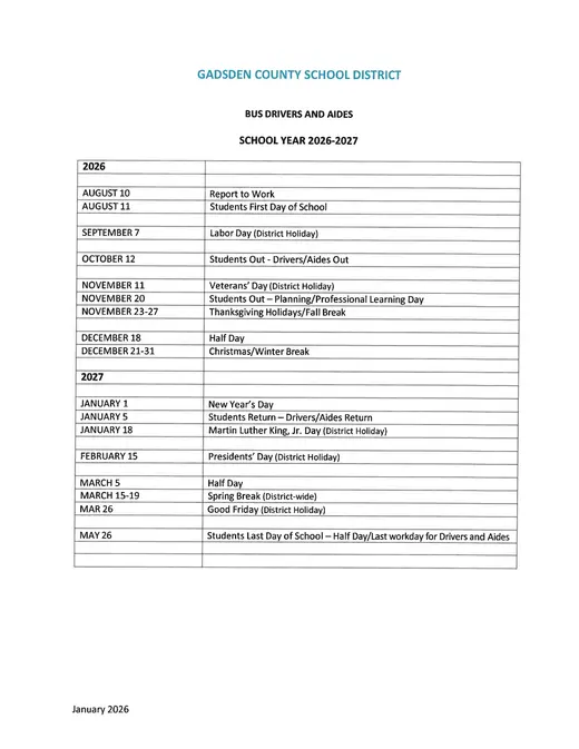 Gadsden County School District 2026–2027 Academic Calendar Page 5