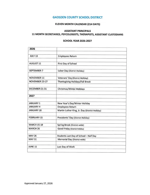 Gadsden County School District 2026–2027 Academic Calendar Page 6