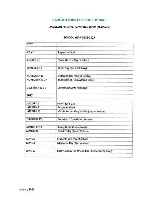 Gadsden County School District 2026–2027 Academic Calendar Page 7