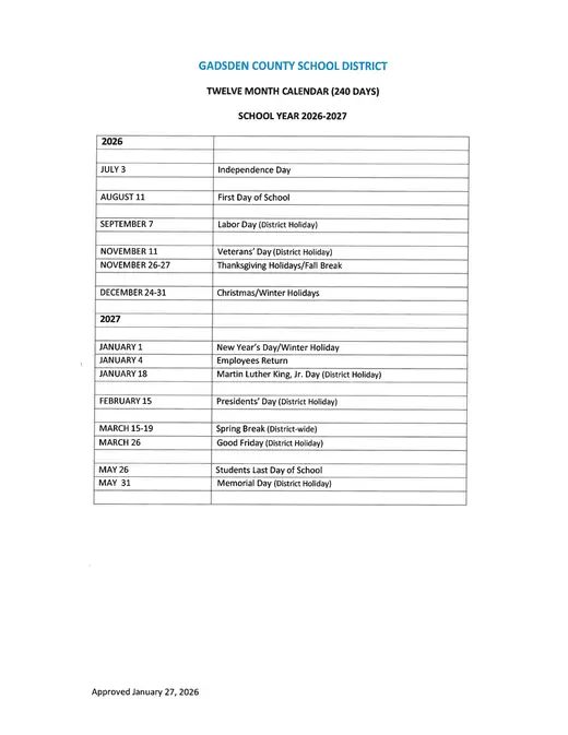Gadsden County School District 2026–2027 Academic Calendar Page 8