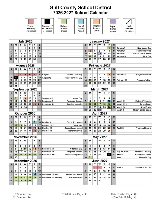 Gulf County School District 2026–2027 Academic Calendar