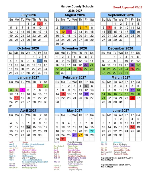 Hardee County Schools 2026–2027 Academic Calendar