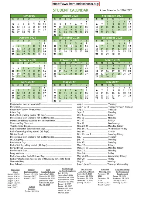 Hernando County School District 2026–2027 Academic Calendar