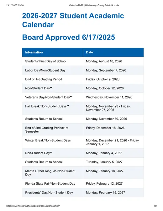 Hillsborough County Public Schools 2026–2027 Academic Calendar Page 1