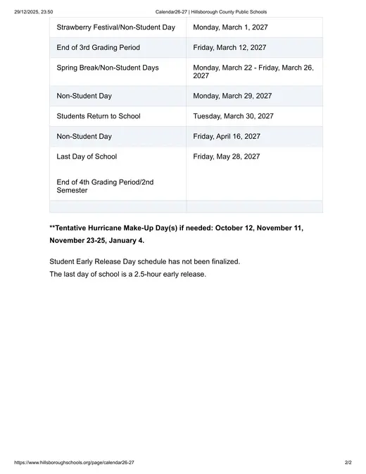 Hillsborough County Public Schools 2026–2027 Academic Calendar Page 6