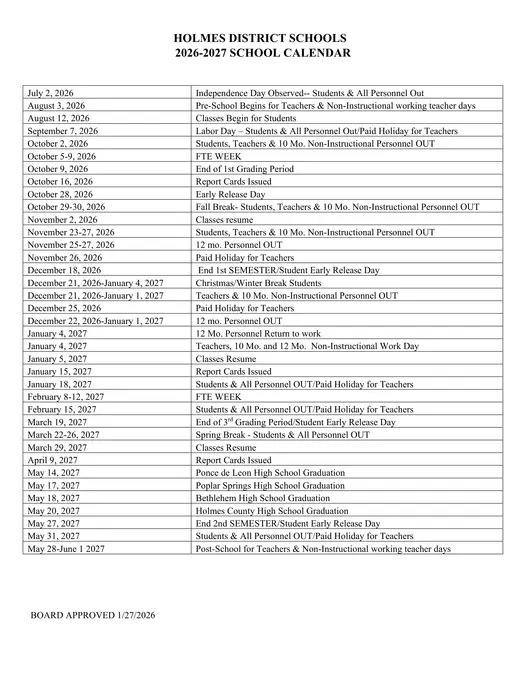 Holmes District Schools 2026–2027 Academic Calendar