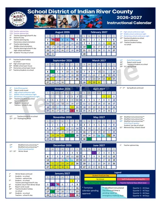 Indian River County School District 2026–2027 Academic Calendar Page 1