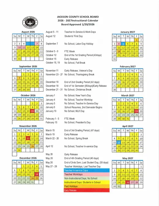 Jackson County School Board 2026–2027 Academic Calendar