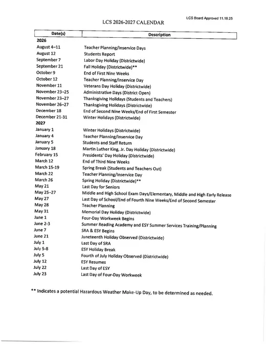 Leon County Schools 2026–2027 Academic Calendar Page 2