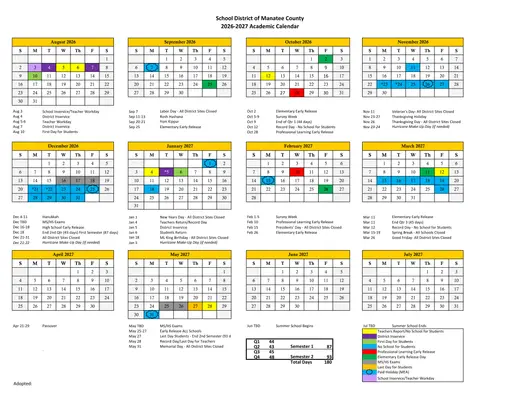 Manatee County School District 2026–2027 Academic Calendar Page 1
