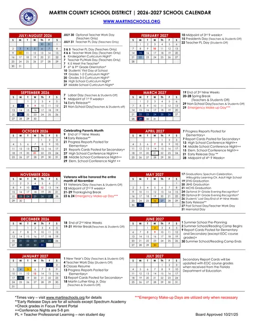 Martin County School District 2026–2027 Academic Calendar Page 1