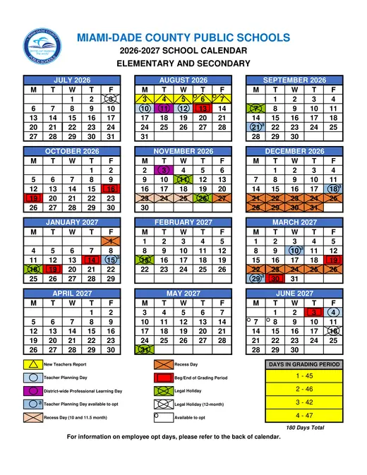 Miami-Dade County Public Schools 2026–2027 Academic Calendar Page 1