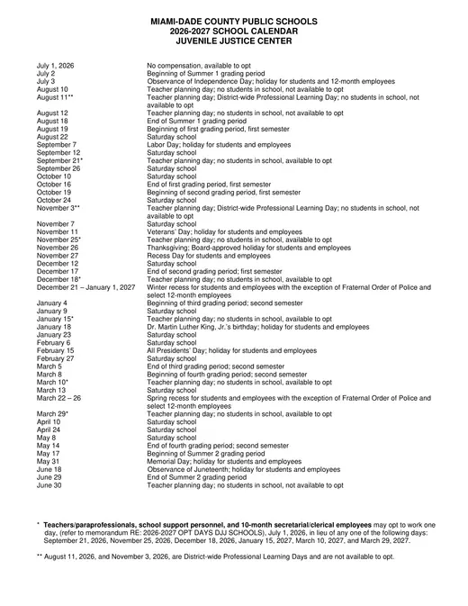 Miami-Dade County Public Schools 2026–2027 Academic Calendar Page 4