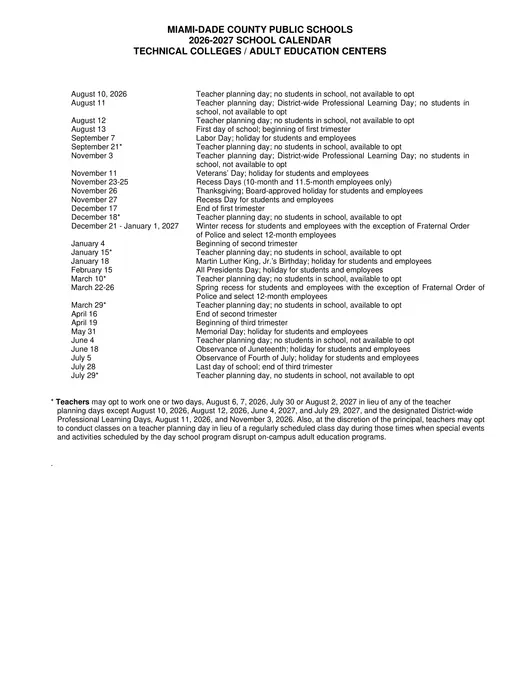 Miami-Dade County Public Schools 2026–2027 Academic Calendar Page 6
