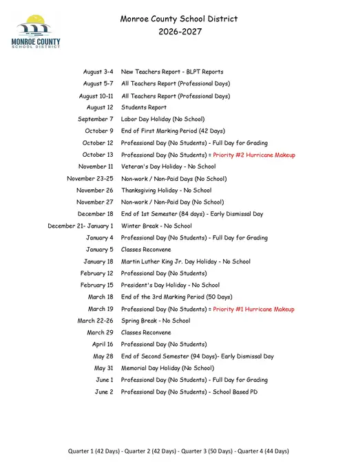 Monroe County School District 2026–2027 Academic Calendar Page 4